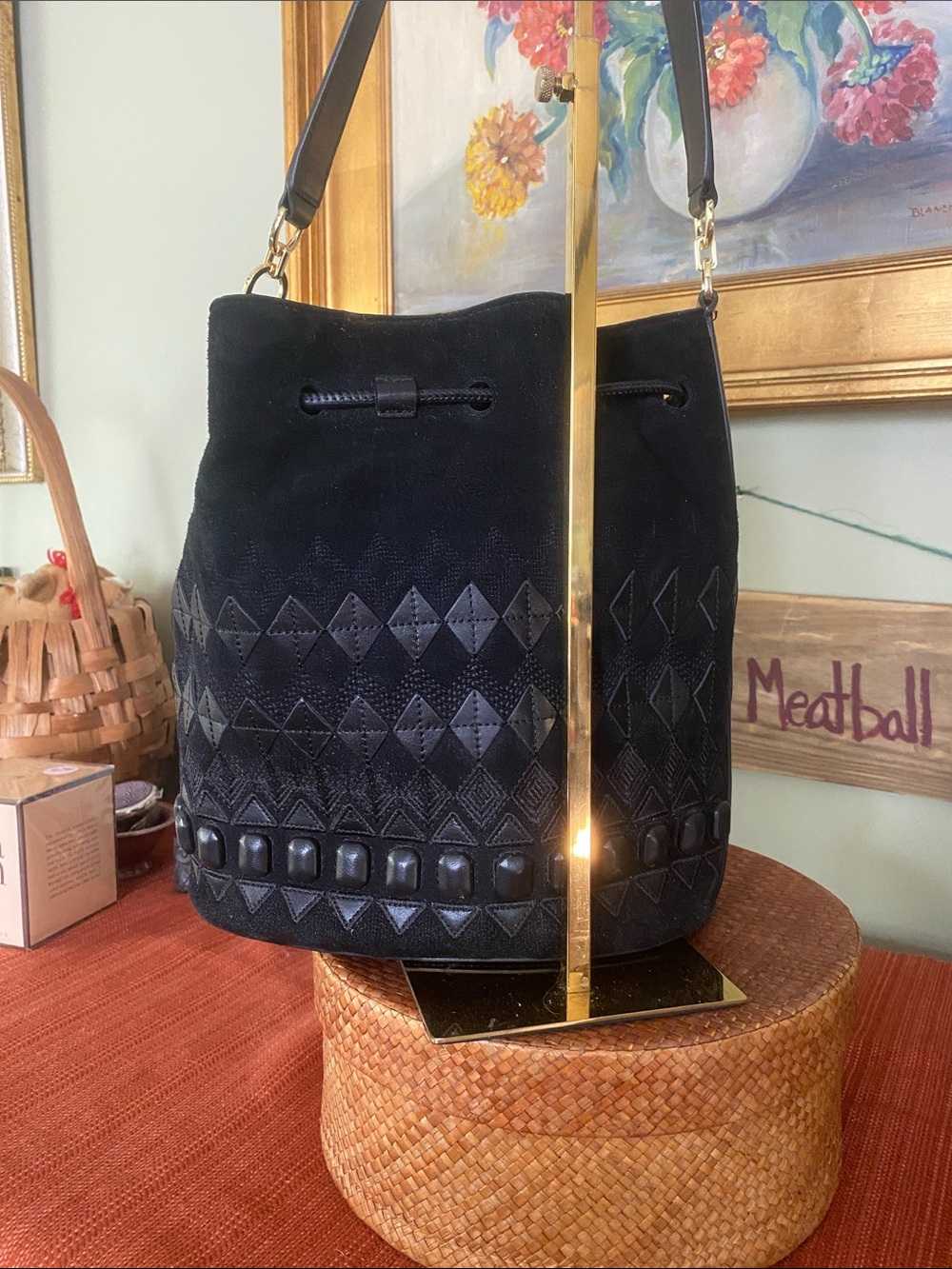 Lauren Ralph Lauren Fair Isle Black Suede Andie Drawstring Bucket Bag - Picture 6 of 16